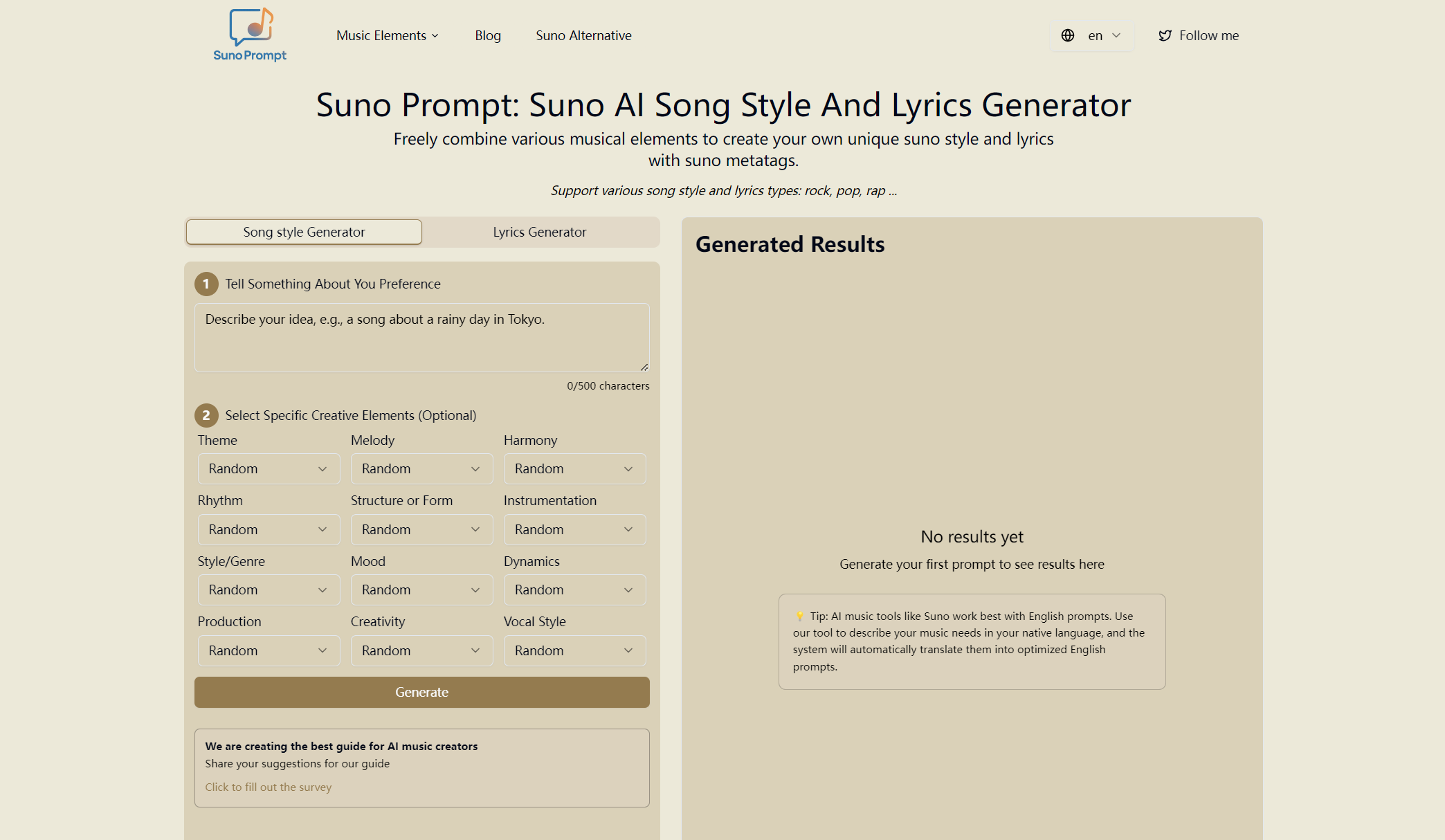 SunoPrompt - Suno AI Song Style and Lyrics Generator